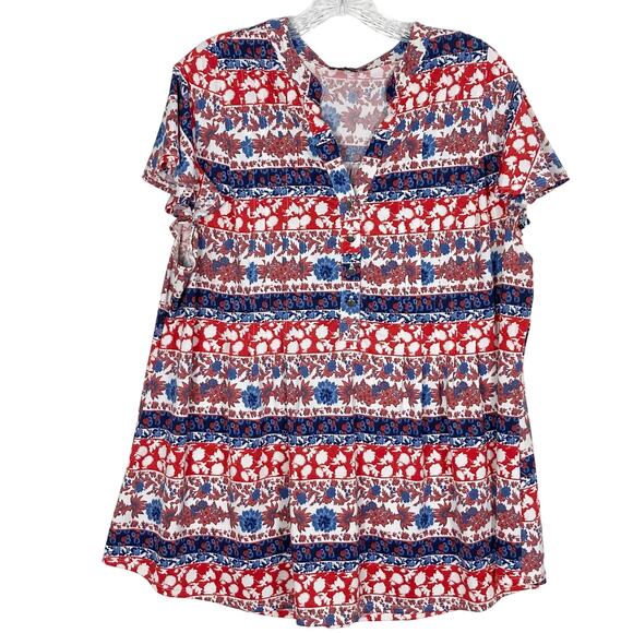 NWOT COCOMO Top 2X Floral Red Blue White Pleated Shiny-Buttons V-Neck Short-Slev - Picture 1 of 7
